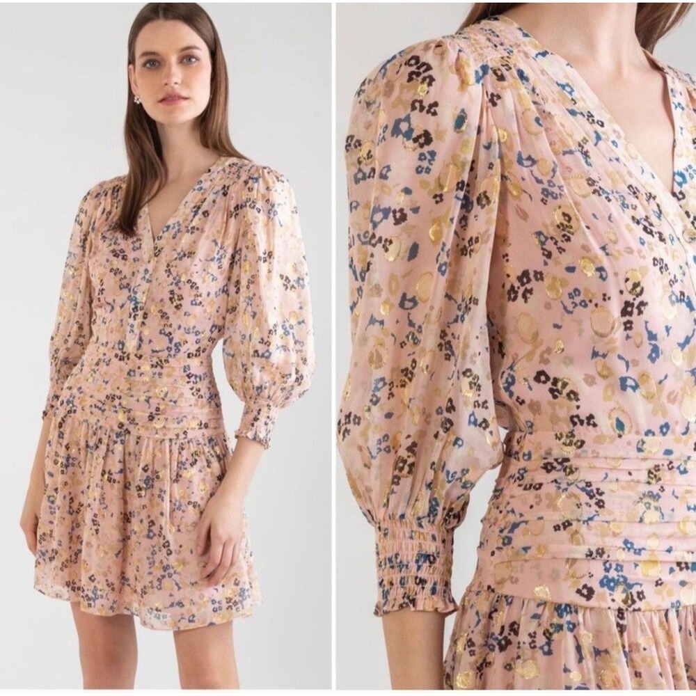 Shoshanna Pink and Metallic Gold Floral‎ Monte Dress Sz 6 Wedding Guest Party